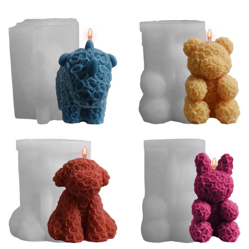 Rose Animal Scented Candle Liquid Silicone Mold DIY Rabbit Puppy Bear Unicorn Plaster Ornament