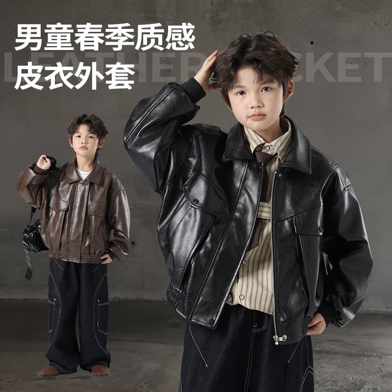 2026 Spring Boys Long Sleeve Leather Jacket Korean Style Loose Fit Kids Jacket Korean Loose Design