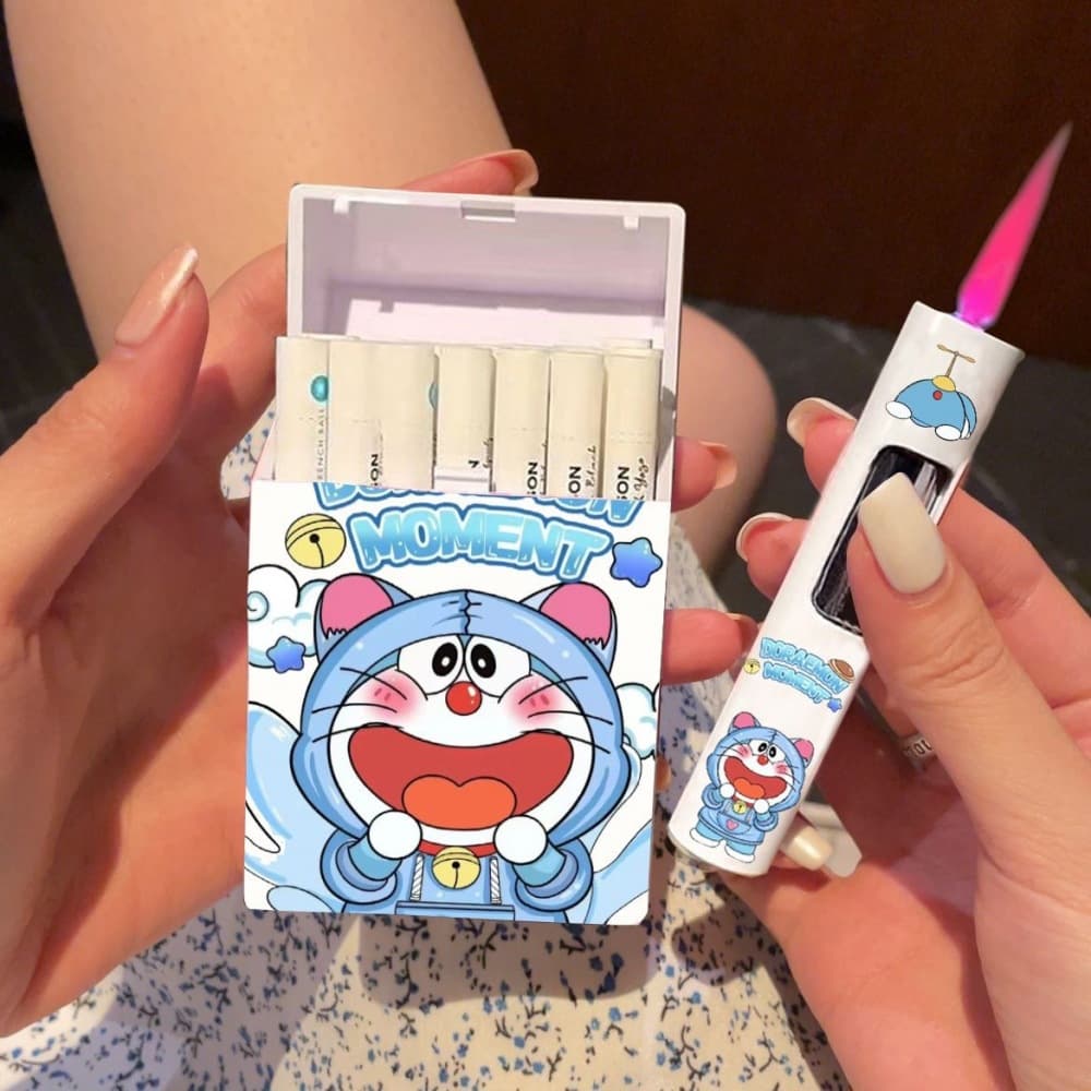 Cute Cartoon Doraemon Cigarette Case and Cylindrical Lighter Set, High-Aesthetic Pink, Windproof, Pressure-Resistant, Trendy Gift for Boyfriend