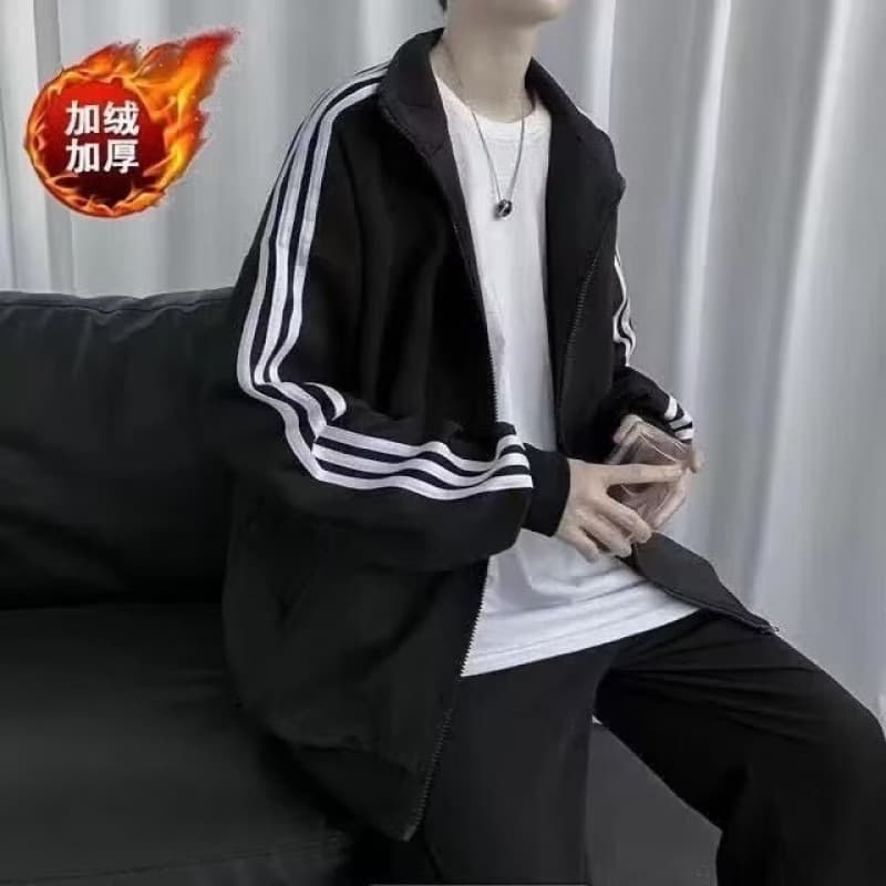 Fashion Street Brand Autumn Winter Fleece Three-Stripe Zip-Up Hoodie Men's Versatile New Loose Casual Sports Jacket