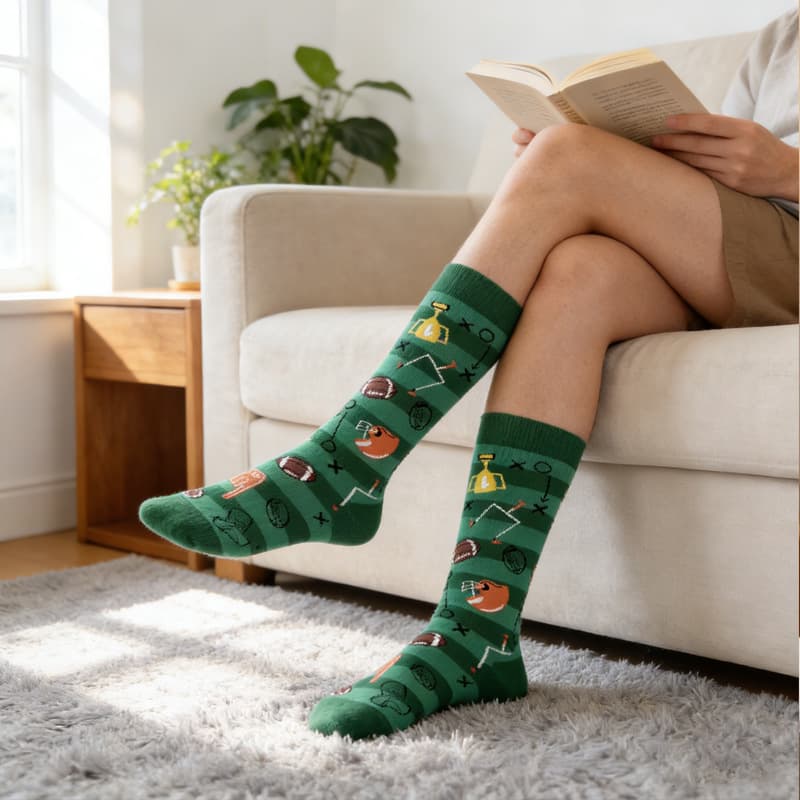 Amazon Novelty Socks Football Match Viewing Hobby Style Printed Socks Dark Green Color Block Men's Sports Mid-Calf Socks
