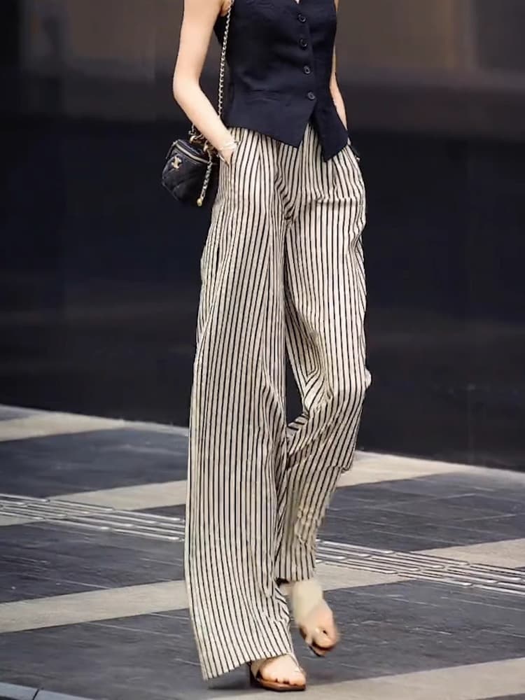Ice Silk Slim Wide-Leg Pants Women Summer Thin 2025 New Yamamoto Straight Loose Vertical Striped Black and White Trousers