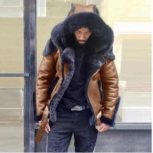 Q027 Cross-Border AliExpress Men's Faux Leather Lined Thickened Fur One-Piece Short Zipper Coat Hooded Jacket