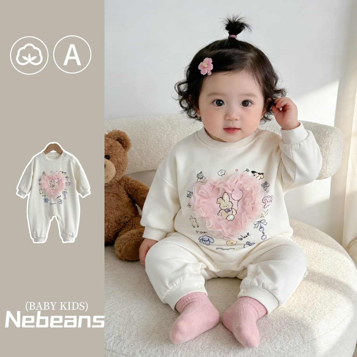 26 Spring Newborn Baby Cotton Romper Outwear Soft Class A Girl Heart Pink Bodysuit Crawling Suit