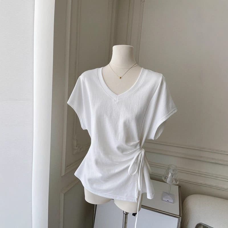 92% Cotton White V-Neck Short-Sleeve T-Shirt for Women, Summer New Arrival, Niche Design, Slim Fit, Drawstring Crop Top