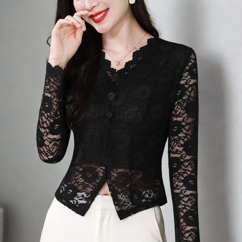 French Retro V-Neck Lace Camisole Inner Wear Outer Wear Short Waist Long Sleeve Top Modern Dance Blouse New Arrival
