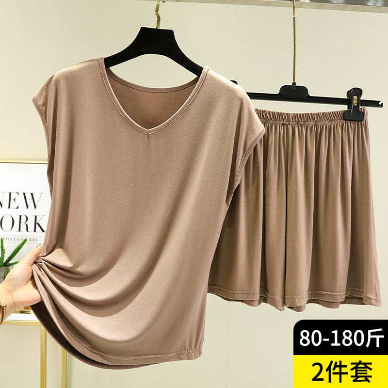 Modal 2-Piece Set Women's 2024 Summer V-Neck Sleeveless T-Shirt Loose Plus Size Home Sleepwear Pajamas
