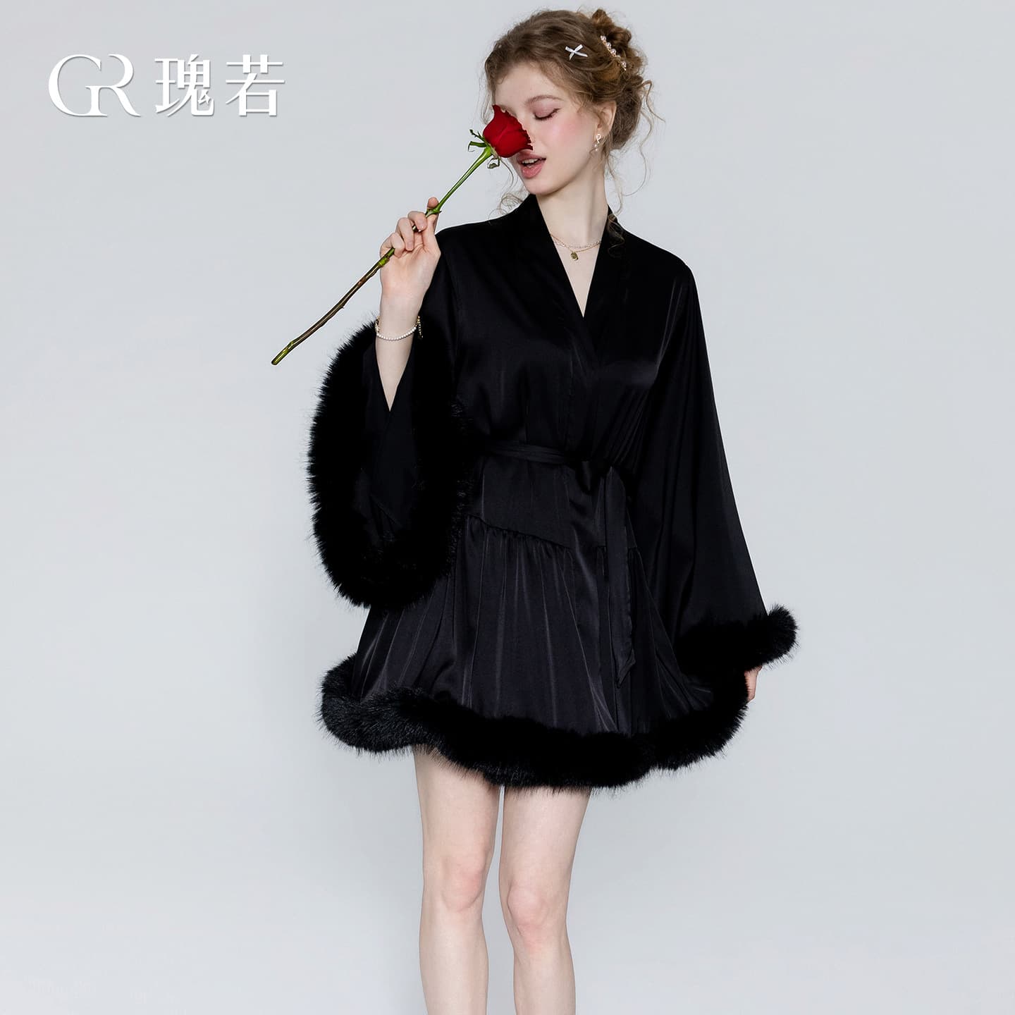 Silky Satin Open-Front Tempting Wrap Tie Loose Comfortable Faux Fur Trimmed Home Robe 7165