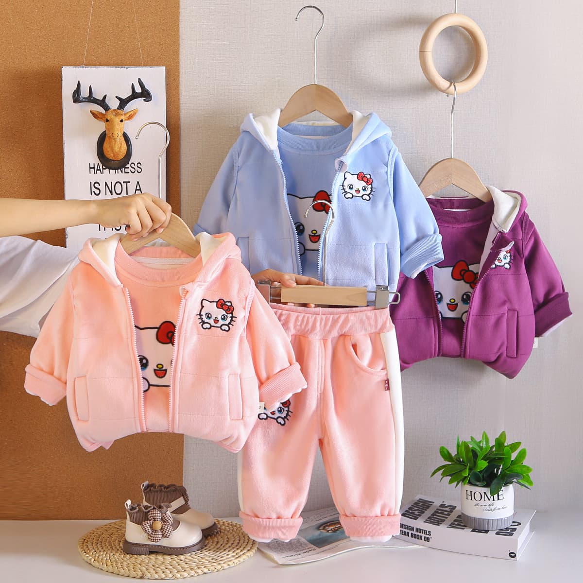 Girls Korean Style Winter Fleece-Lined 3-Piece Set Ages 1-5 Toddler Cartoon Outfit