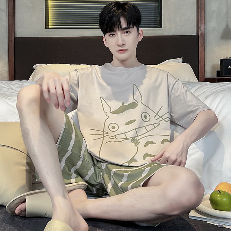 Men's Summer Cotton Short Sleeve Pajamas Cartoon Plus Size Full Cotton Homewear Student Set
