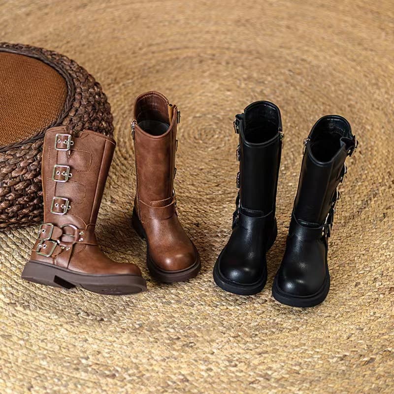 Children's Martin boots Korean style long boots short boots brown knight boots cowboy boots girls thick sole soft leather retro shoes