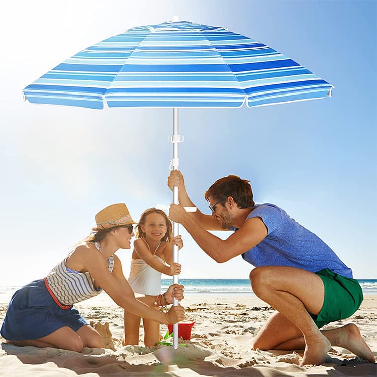 Cross-border Amazon Striped Beach Umbrella with Aluminum Pole, Wrench, Double-Layer UV Oxford Silver Coated Fabric, and Spiral Ground Spike