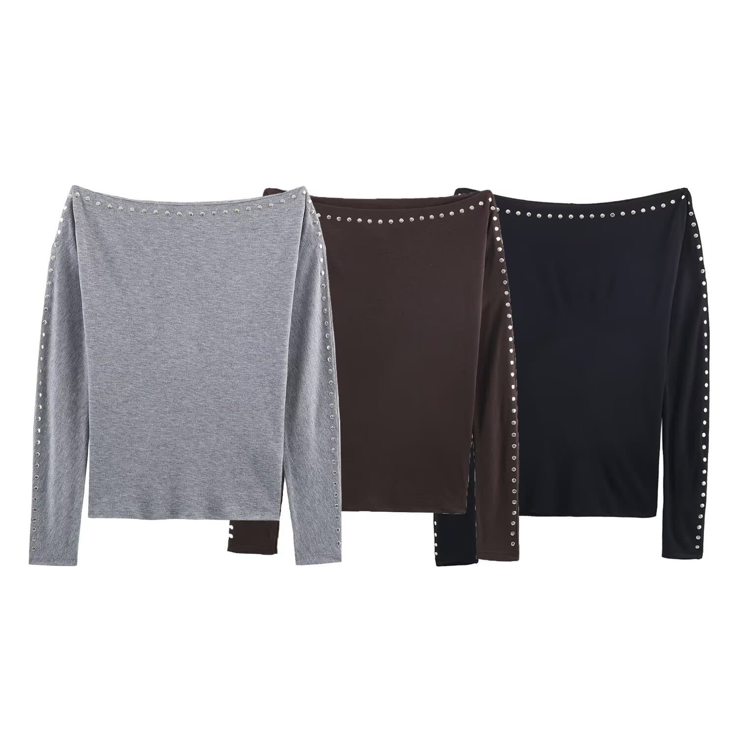 Foreign trade wholesale 2025 autumn new European and American style rivet-decorated bat-sleeve slim T-shirt 5584808803