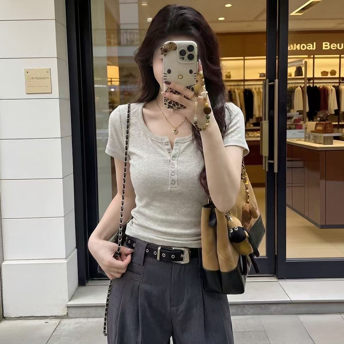 Soft Style Square Neck U-Neck Short Sleeve T-Shirt for Women Summer New Petite Slim Fit Figure-Flattering Short Crop Top