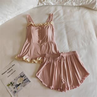 French Lace Trim Gentle Nude Pink Women's Pajamas Summer with Built-in Pads Camisole Shorts Skin-Friendly Loungewear Two-Piece Set