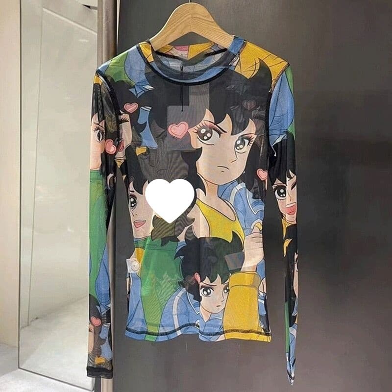Summer Printed Ice Silk Long Sleeve T-Shirt Women's Mesh Camisole Sun Protection Top