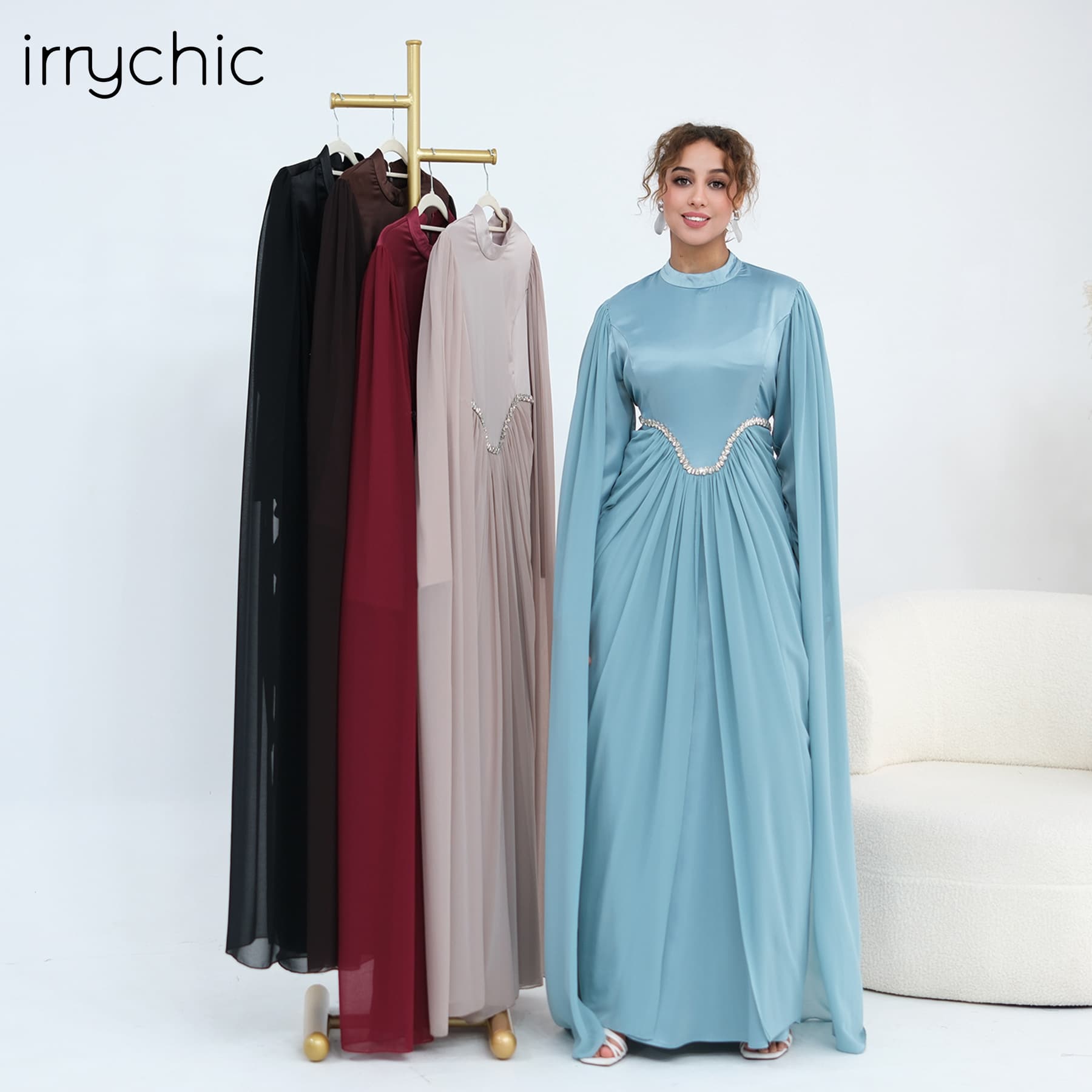 Actual photo direct output, long-sleeve mock neck dress with rhinestones 1168