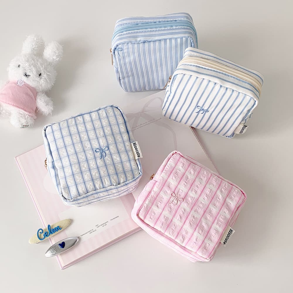 ins simple striped square cosmetic bag student portable sanitary napkin storage bag bow headphone lipstick bag for women