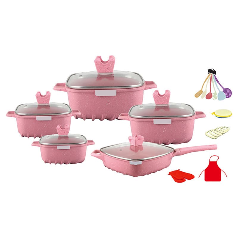 25-Piece Square Stripe Die-Cast Aluminum Pot Set with Marble Non-Stick Coating, Granite Kitchen Cookware Set Wholesale