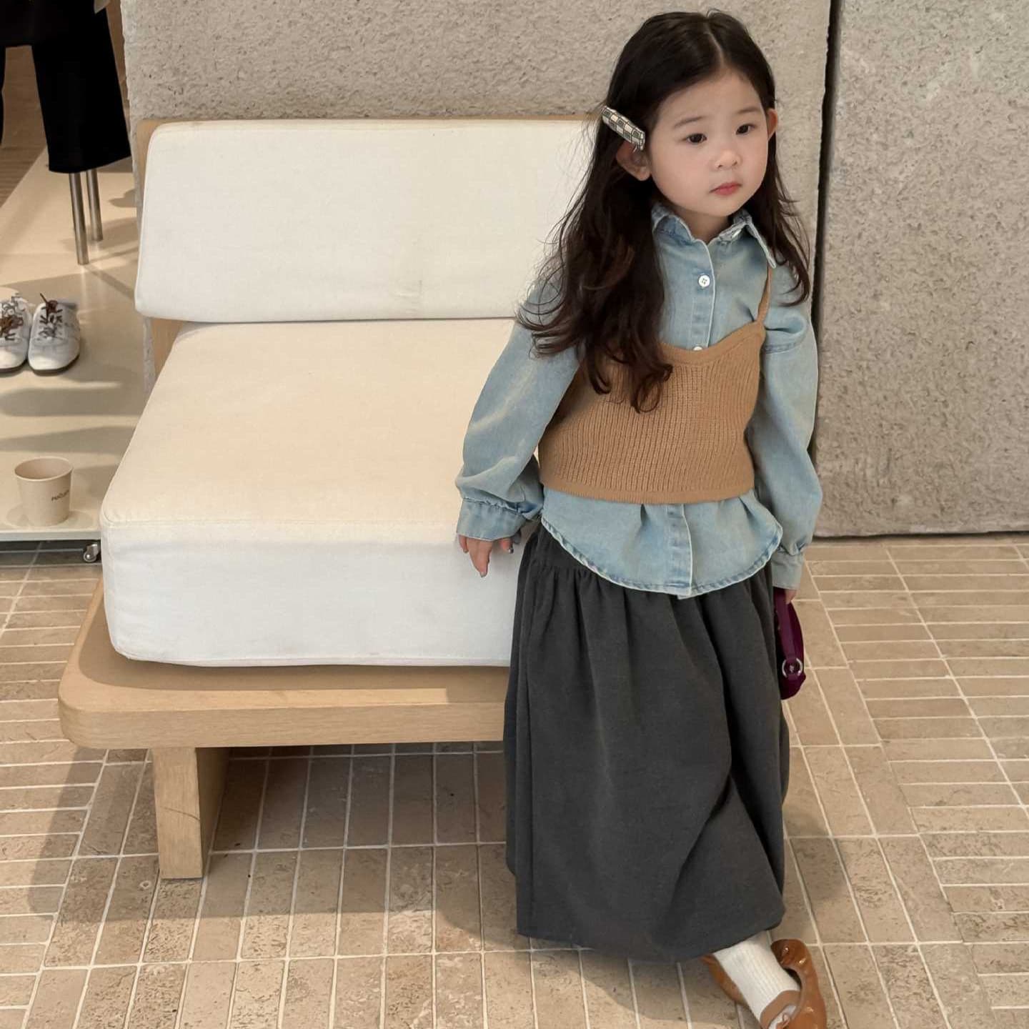 2025 Autumn New Kids' Wear Korean-style Girls' Fashion Knit Sleeveless Top + Denim Shirt 2-piece Set