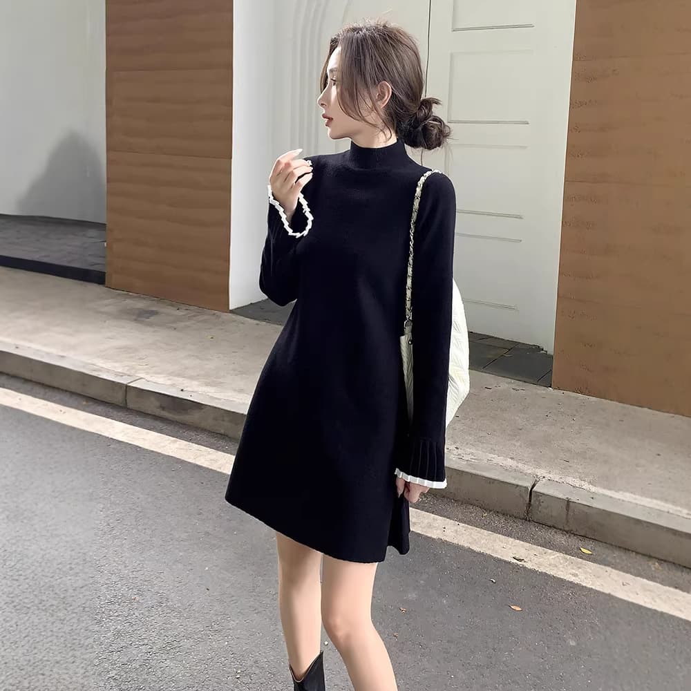 6012# New Autumn/Winter Knit Dress for Women, Black Midi Dress, A-Line Sweater Dress for Petite Figures