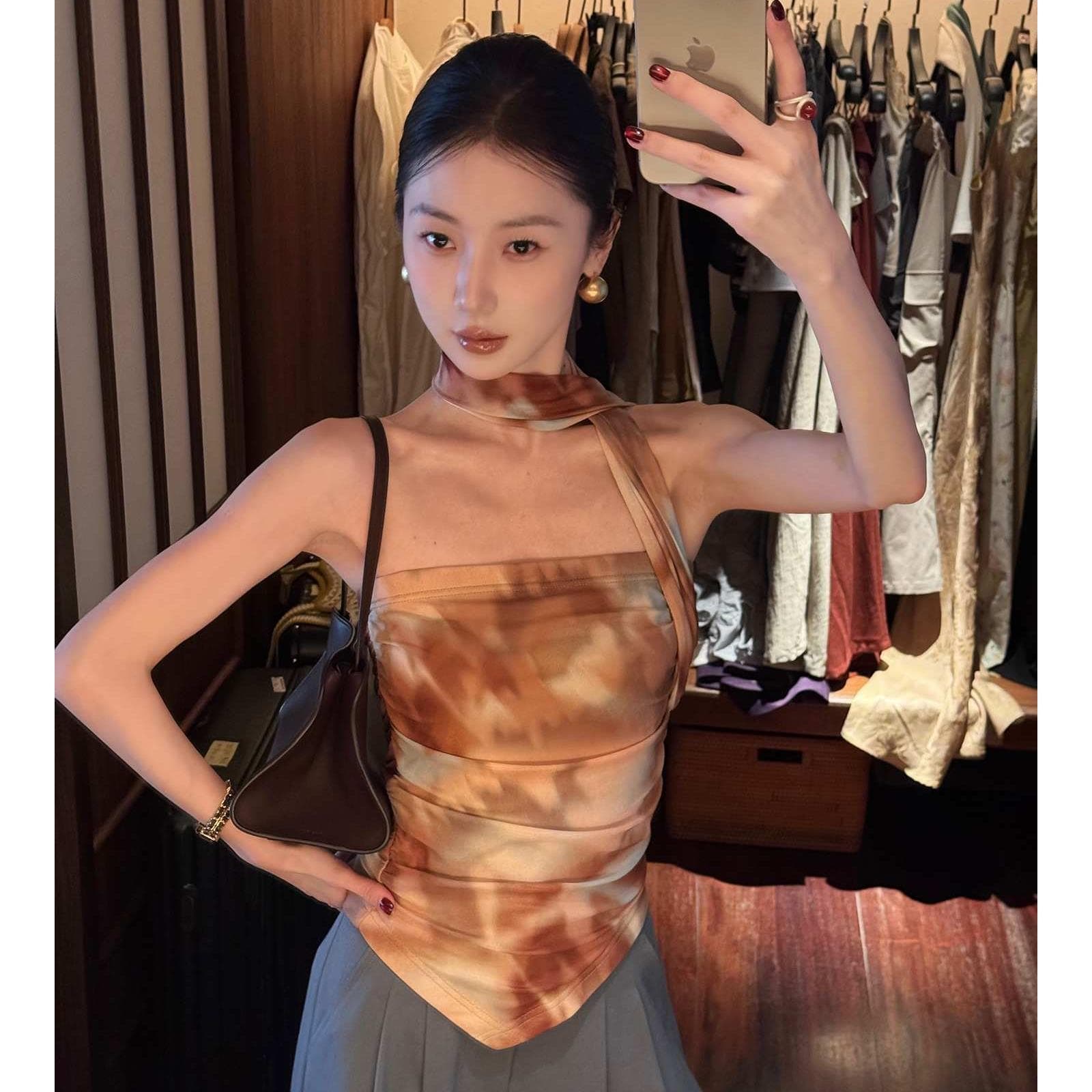 Pure and Sassy Printed Fashion Scarf Tube Top with One-Shoulder Design, Slimming Vest Top for Women Summer