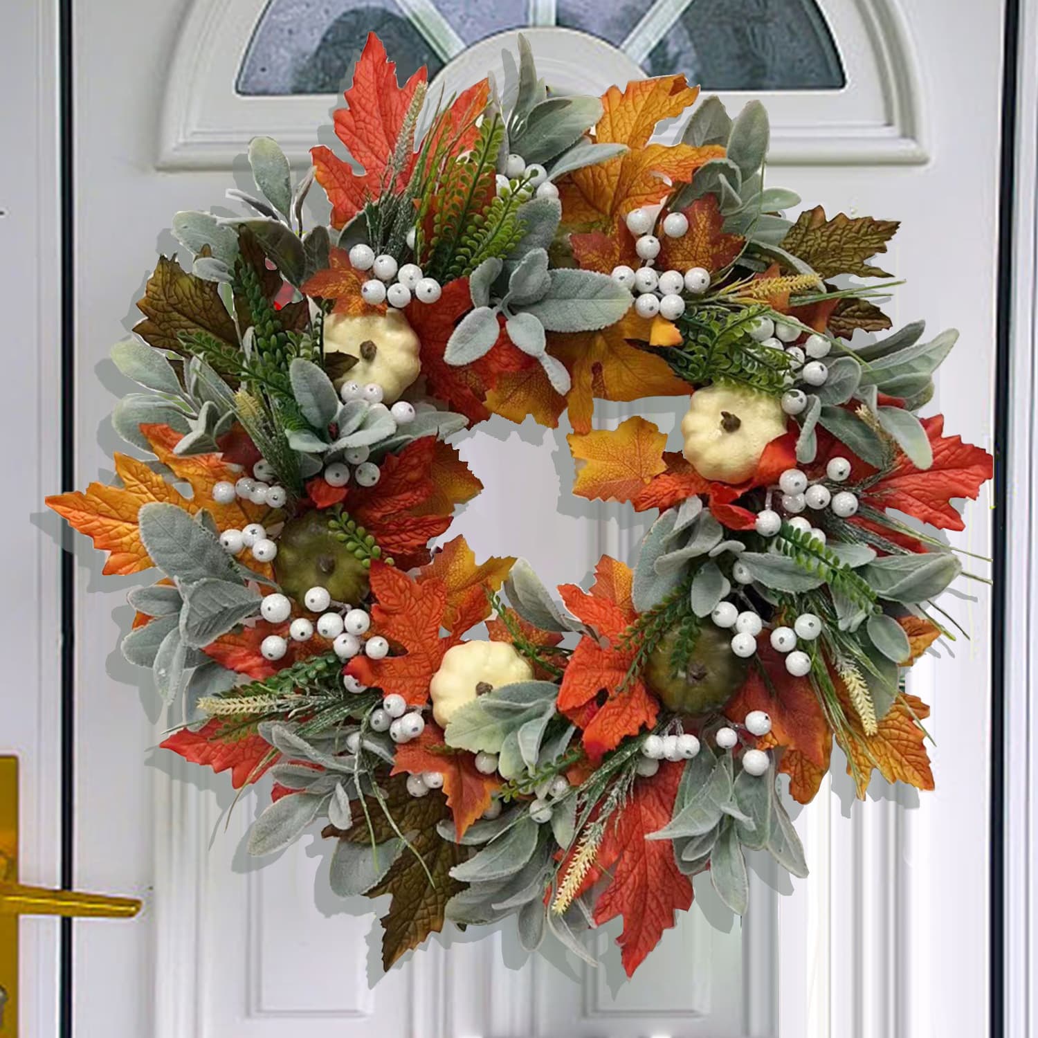 2025 New Cross-Border Autumn Simulation White Pumpkin Maple Leaf Wreath for Amazon Thanksgiving Harvest Festival Autumn Wreath