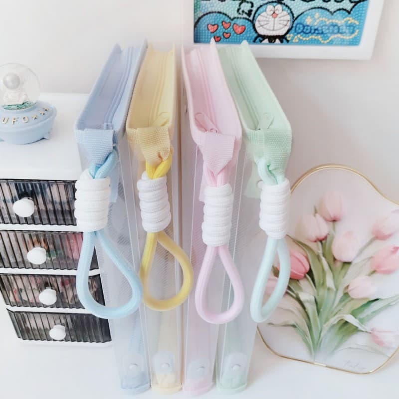 A4 Pastel Macaron Handbag File Pouch High-Aesthetic Transparent Zipper Document Organizer Large Capacity