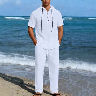 New Men's Linen Short-Sleeve Casual Top Linen Casual Pants Leisure Fashion Set