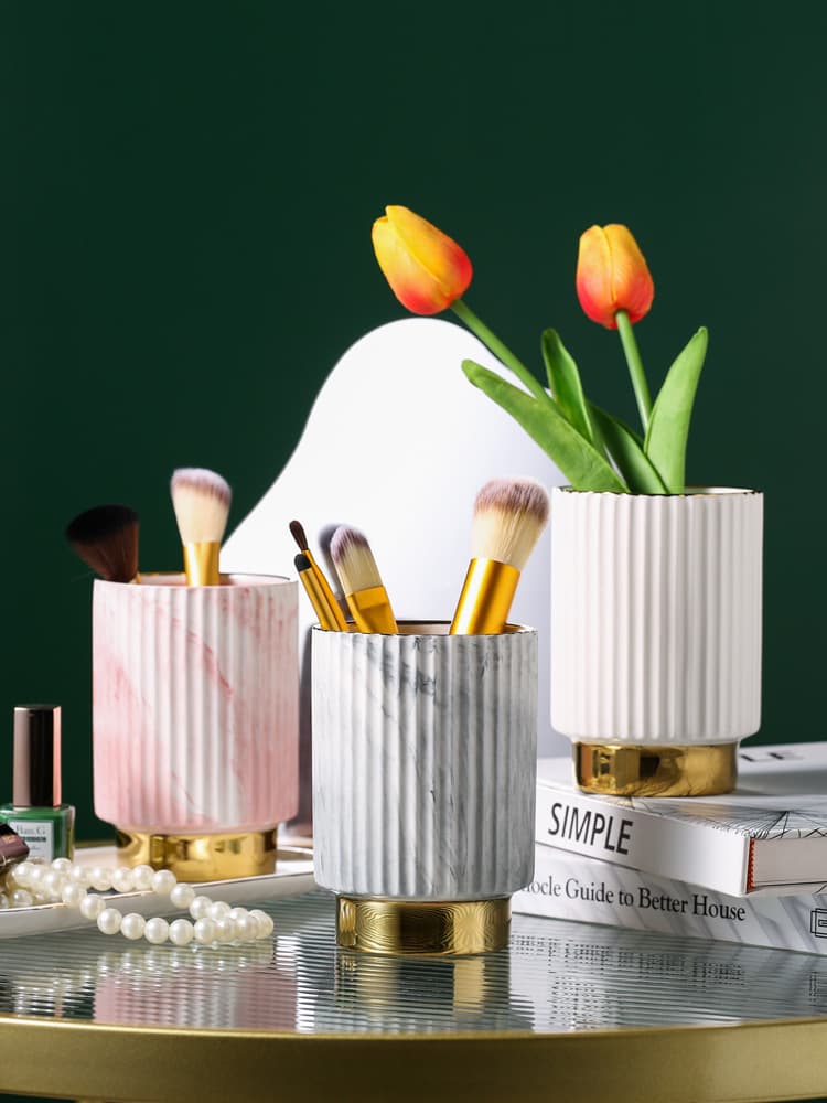 European Marble Pattern Pen Holder Makeup Brush Storage Organizer Creative Office Desk Organizer Student Pen Holder