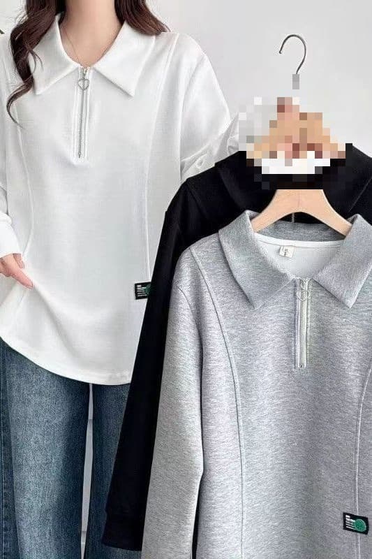 Plus-size women's sweatshirt for autumn and winter, versatile, loose fit, slimming, collared, half-zip, long sleeves.