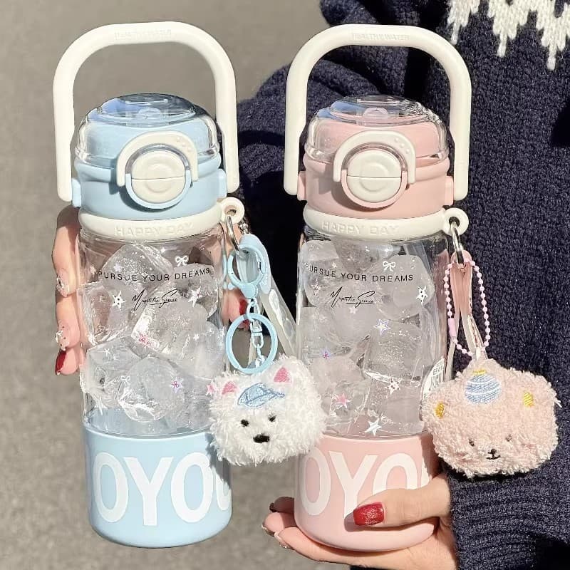 Cute Kawaii Water Bottle for Women, Large Capacity Student Portable Ins Style Straw Cup Tritan Sports Tumbler