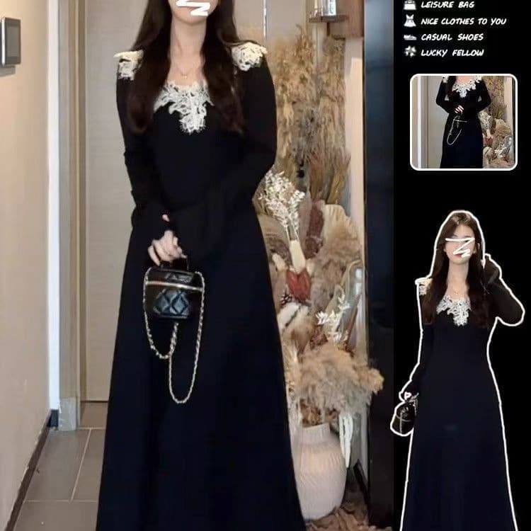 French Style Little Scent Hepburn Black V-Neck Dress for Women Autumn Winter 2025 New Sensual Inner Long Dress