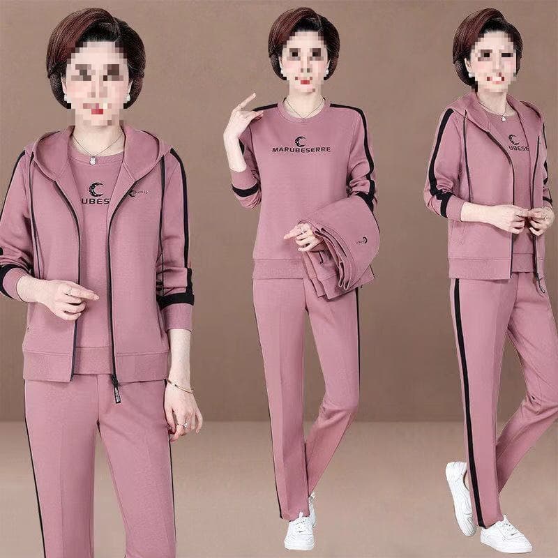 Mother's Vest Three-Piece Set for Women, Spring/Autumn Season Middle-Aged/Elderly Fashion Hoodie Loose Sportswear Suit