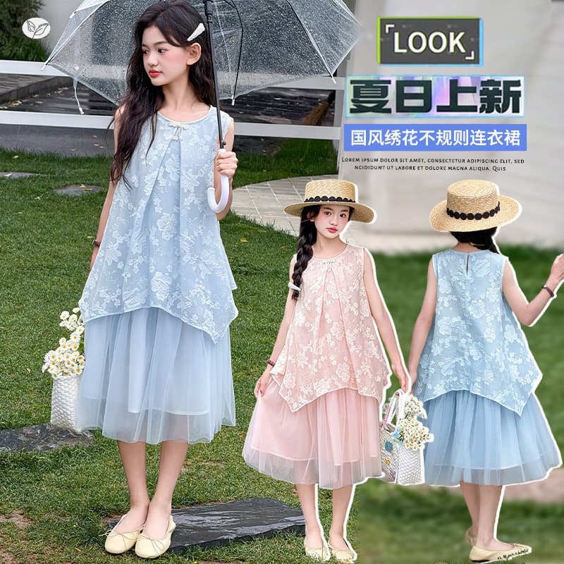 Girls' New Chinese Style Embroidered Sleeveless Dress 2026 Summer New Arrival Mid-Length Tulle Dress for Older Kids