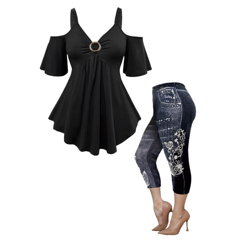 Cross-Border Plus-Size Women's Off-Shoulder Halter Top Fashion Faux Denim Print Pants Casual Daily Slimming Two-Piece Set