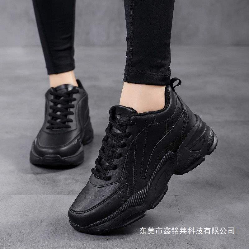 New Leather Chunky Sneakers Women's Leather Sports Shoes Thick Sole Casual Walking Student Running Shoes for Women