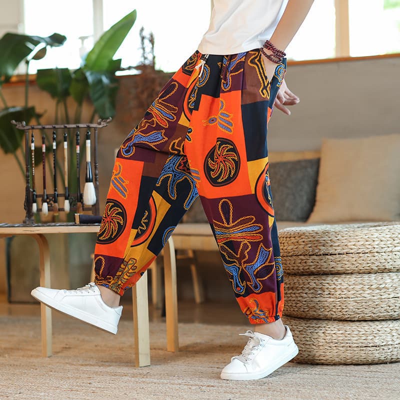Chinese Style Collection Spring Summer Cotton Linen Harem Pants Fashionable Plus Size Cropped Pants Floral Loose Drop Crotch Pants for Men