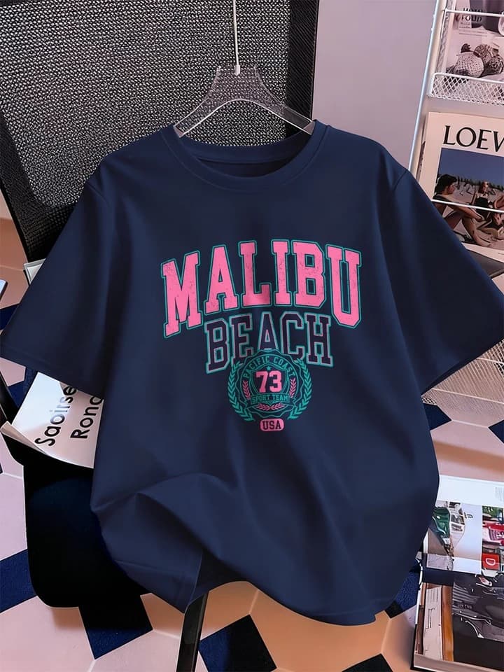Malibu Beach Print T-Shirt Women's Cotton Summer Comfortable Round Neck Short Sleeve T-Shirt Basic Women's Top