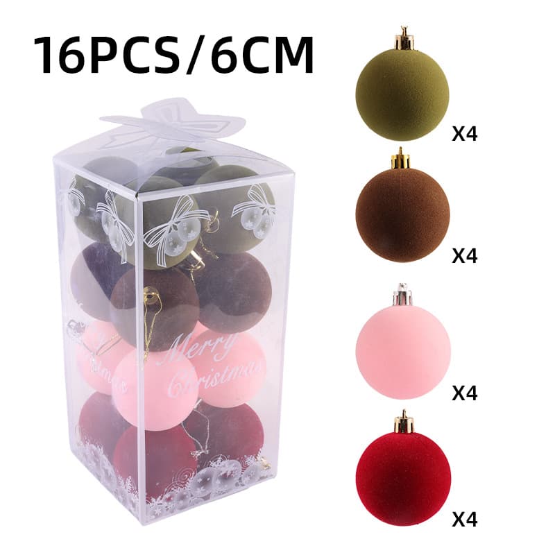 New Cross-Border 6cm Flocked Christmas Ball Christmas Decoration Ball 16-Pack Multicolor Gift Box Set Hanging Ornaments