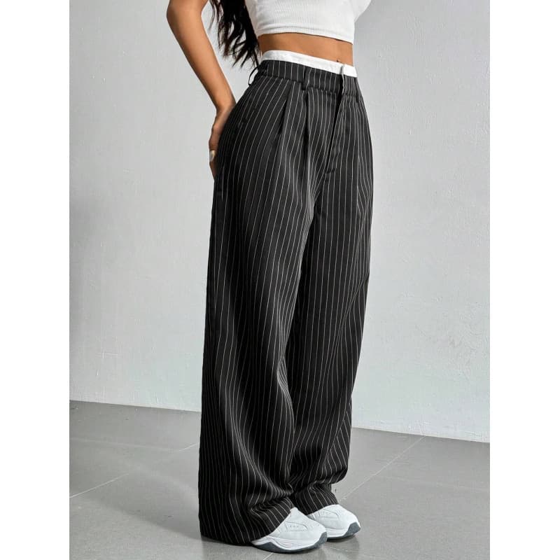 2025 European and American New Women's Trousers, Japanese and Korean Casual High-Waist Color-Block Simple Draped Striped Straight-Leg Long Pants Wide-Leg