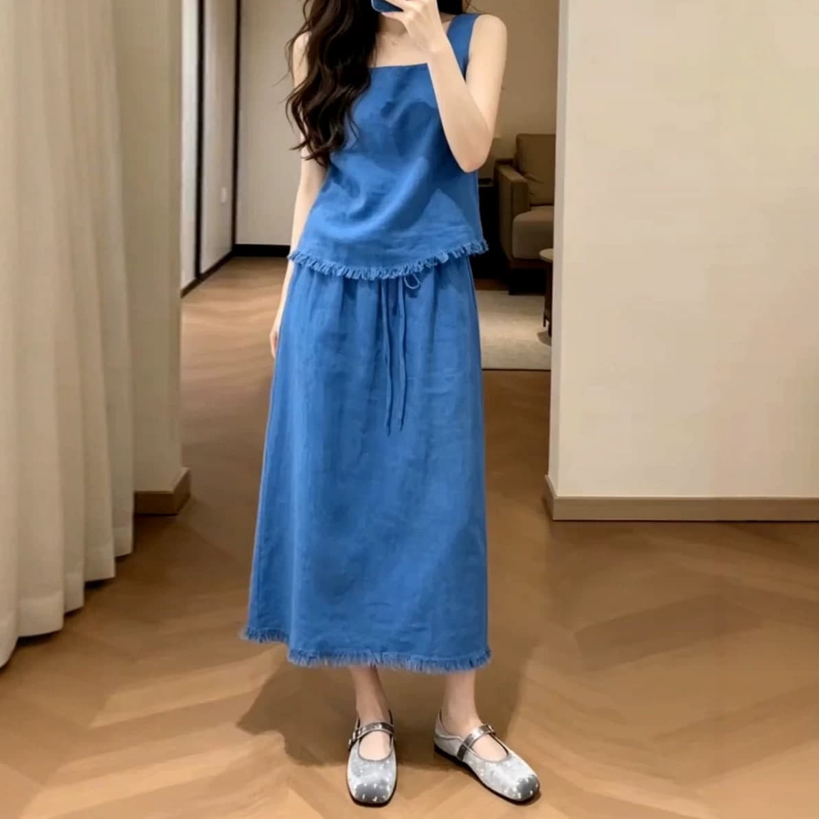 Absolutely Stunning Korean Style Blue Sleeveless Vest Dress Women Summer 2026 New Trend Set Long Dress