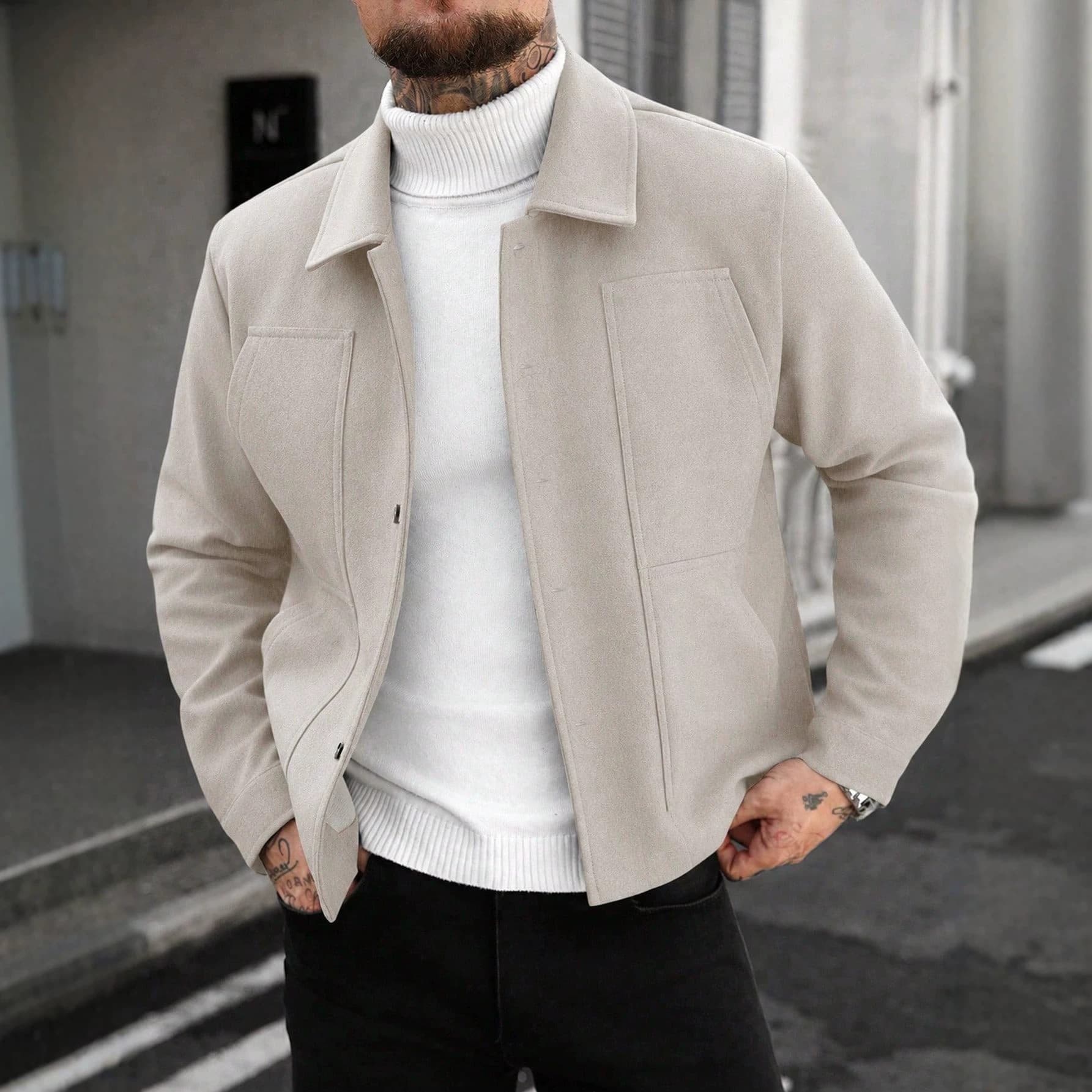 2026 Fall/Winter Cross-Border European and American Men's Solid Wool Notch Lapel Workwear Jacket Casual Loose Snap Button Coat