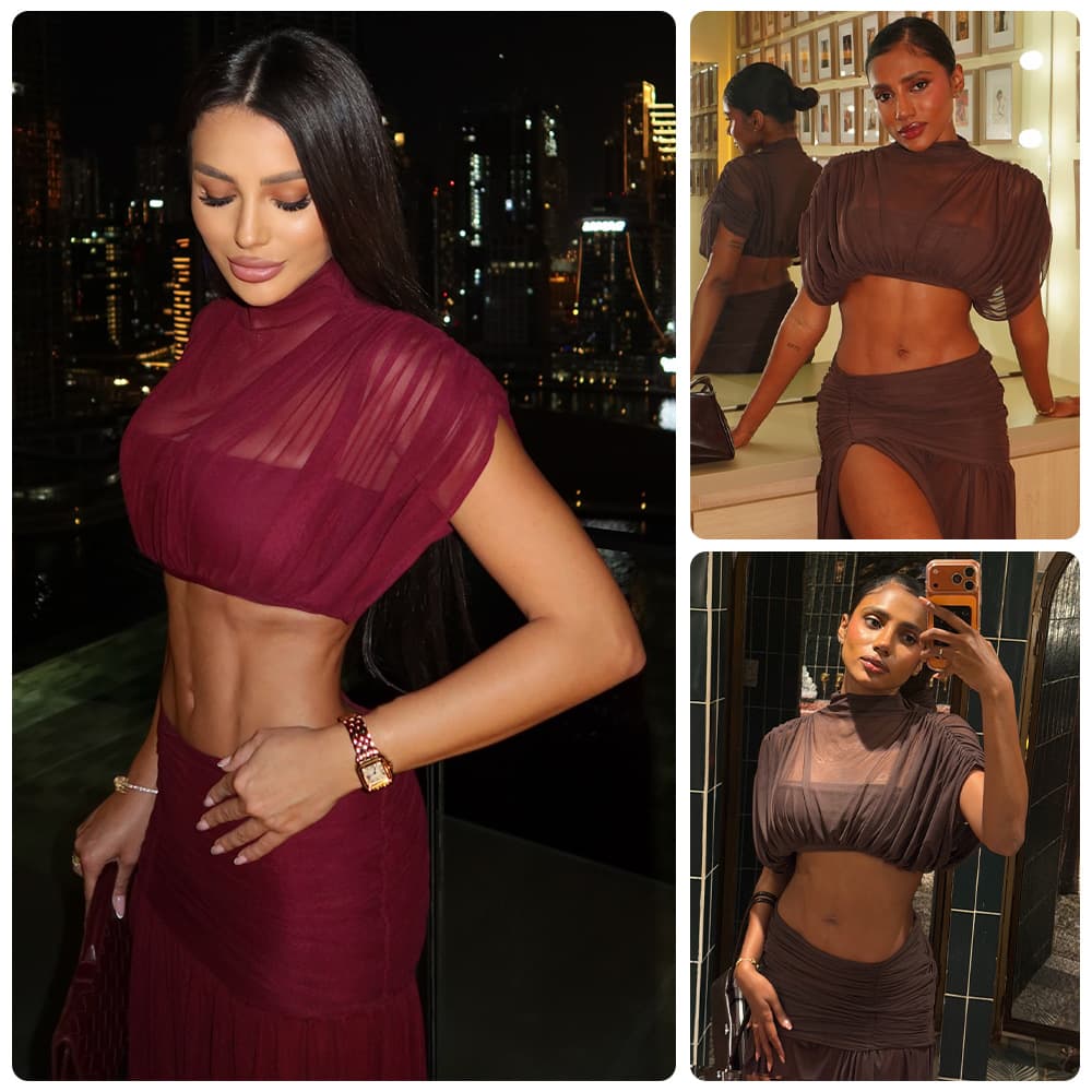 European and American 2026 Retro Mesh Short Crop Top with Pleated High-Waisted Long Skirt, Stylish and Fashionable Two-Piece Set