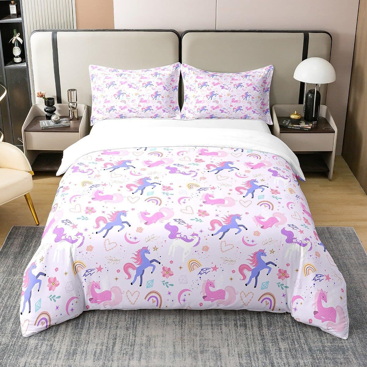 Cross-Border Dreamy Rainbow Purple Unicorn Print Polyester Duvet Cover Bedroom Guest Room Bedding Wholesale