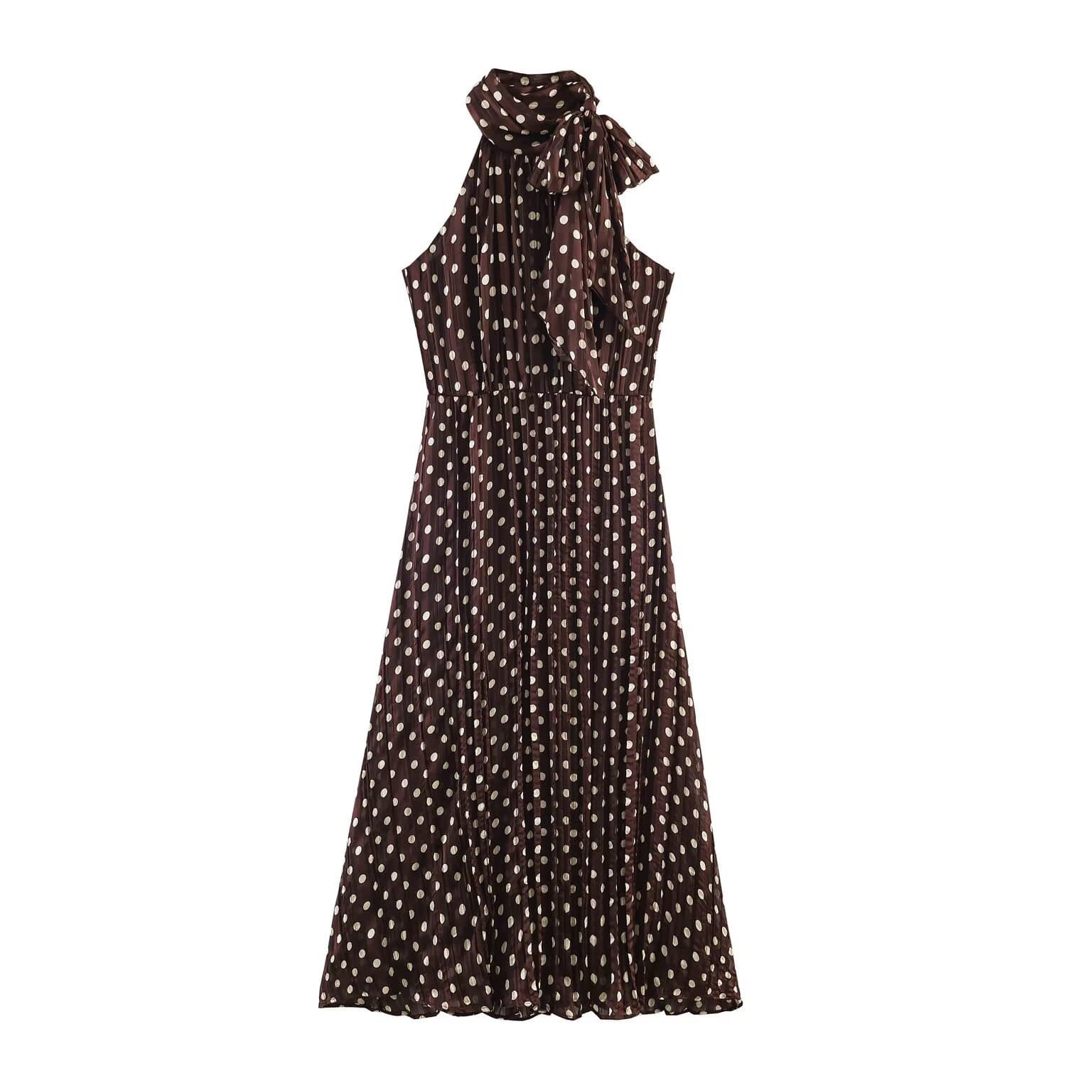 PB&ZA Cross-Border Women's Wrinkle Effect Halter Neck Polka Dot Bow Trim Midi Dress 4387109