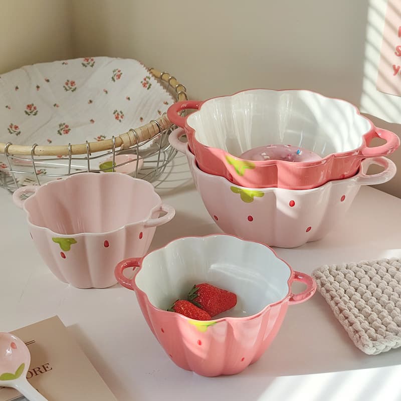 Cute Ceramic Instant Noodle Bowl with Double Handles, Personal Anti-scald Strawberry Petal Bowl for Fruit Salad, Soup, and Noodles