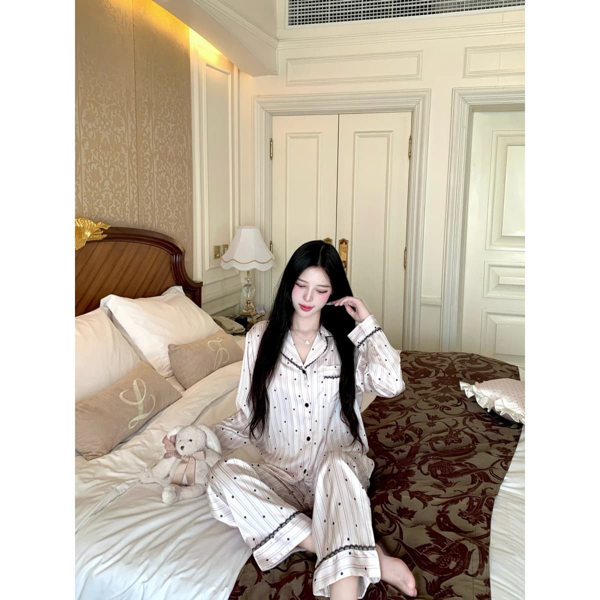 Women's Summer Ice Silk Pajamas Loungewear Live Room Hot Selling Striped Polka Dot 3-Piece Set Ice Silk Pajamas