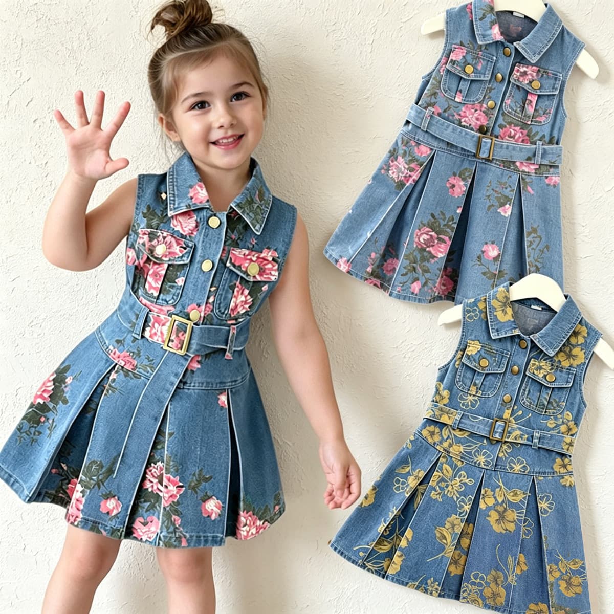 Girls Sleeveless Denim Dress 2025 Summer Floral Print Denim Skirt Waist-Cinching Lapel Thin Vest Dress Fashion