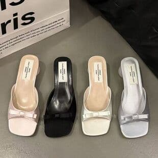 French Bow Square-Toe Slippers for Women 2025 Summer New Outdoor Chunky Heels Dressy One-Strap Slides
